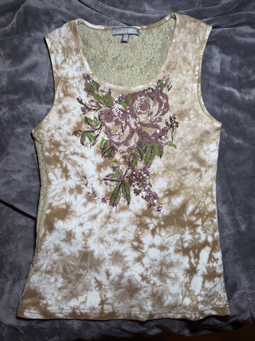 Lace-Back Tie-Dye Floral Tank Top - Beige by